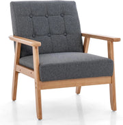 Poltrona Moderna, Sedia con Braccioli Imbottita e Rivestita in Lino Traspirante, Telaio in Legno Massiccio di Gomma, Sedia Divano Imbottita per Soggiorno, Camera da Letto, Studio