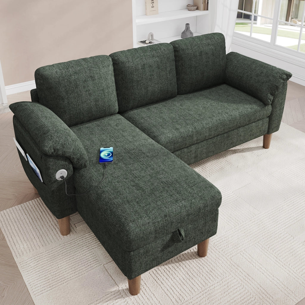 Divano angolare 3 posti con chaise longue contenitore e USB Type-C in ciniglia verde 181 × 125 × 88 cm