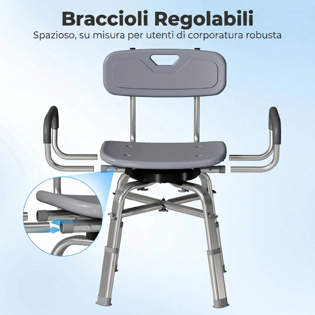Sedia per Doccia Girevole 57x48x74-86 cm con Braccioli Schienale Capacità 150 kg in Alluminio e HDPE Grigio