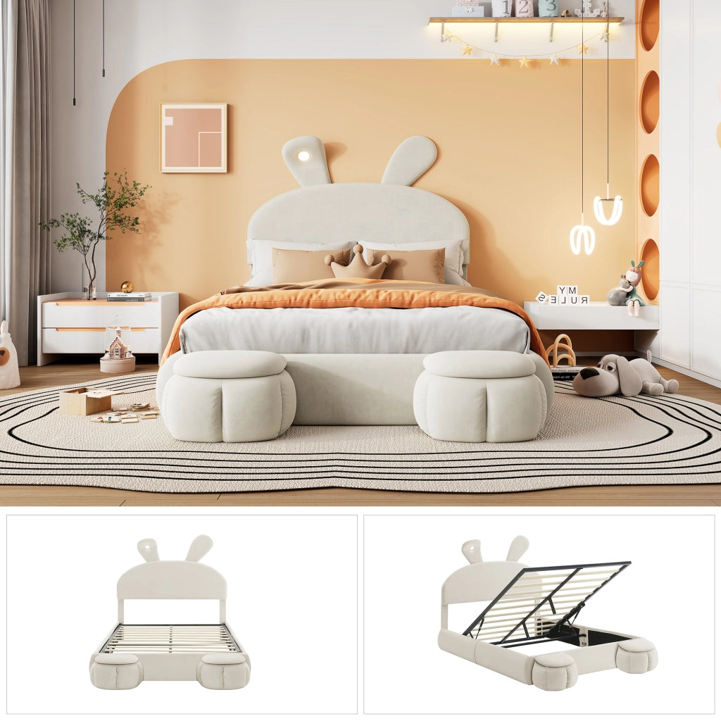OKWISH Letto Contenitore 140×200 cm, Letto Matrimoniale con Orecchie da Coniglio, LED Regolabile e 2 Pouf Contenitore, senza Materasso, Velluto, Beige