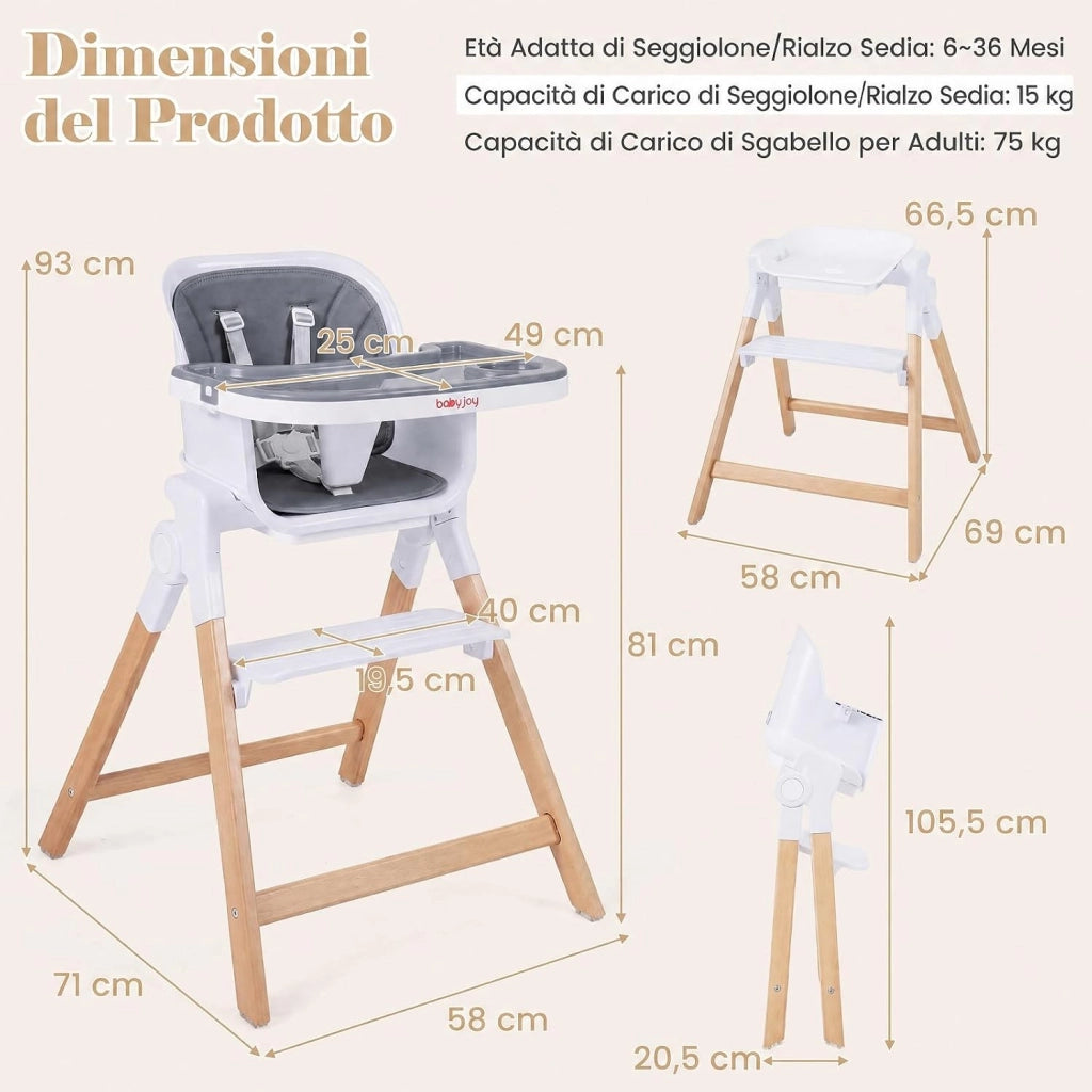 Seggiolone Pappa Pieghevole 4 in 1 con Cuscino di Seduta (Grigio) | Seggiolone per Neonati 6-36 Mesi con Vassoi Rimovibili, Portabicchieri, Cintura di Sicurezza e Gambe in Legno