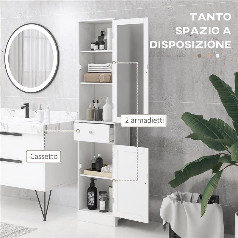 MOBILE COLONNA BAGNO SALVASPAZIO CON ARMADIETTO, CASSETTO E RIPIANI IN MDF, 40X27X171.5CM, BIANCO