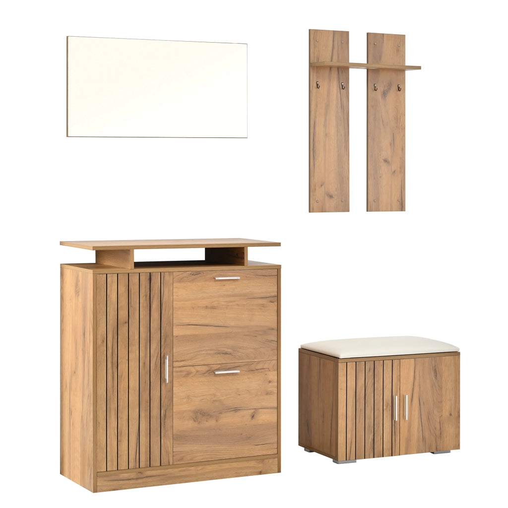 Set guardaroba da ingresso con panca, scarpiera, specchio e 4 ganci, finitura naturale, 140¡Á35¡Á133 cm