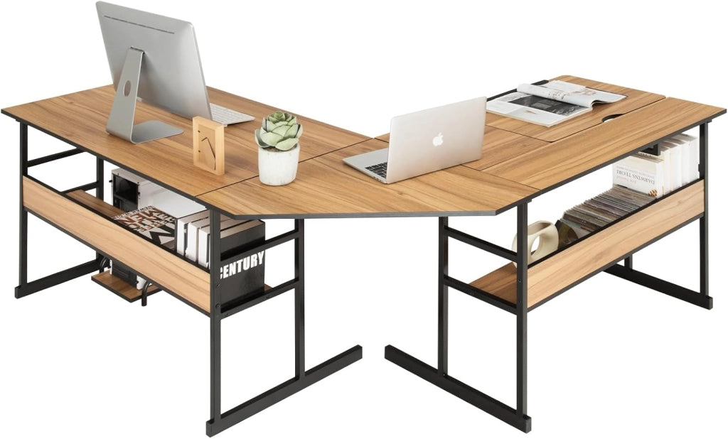 Scrivania ad angolo a forma di L 170 cm, Scrivania per computer con 2 ripiani, vassoio inclinabile, supporto per unità centrale, tavolo da computer, poco ingombrante, stile industriale (noce)
