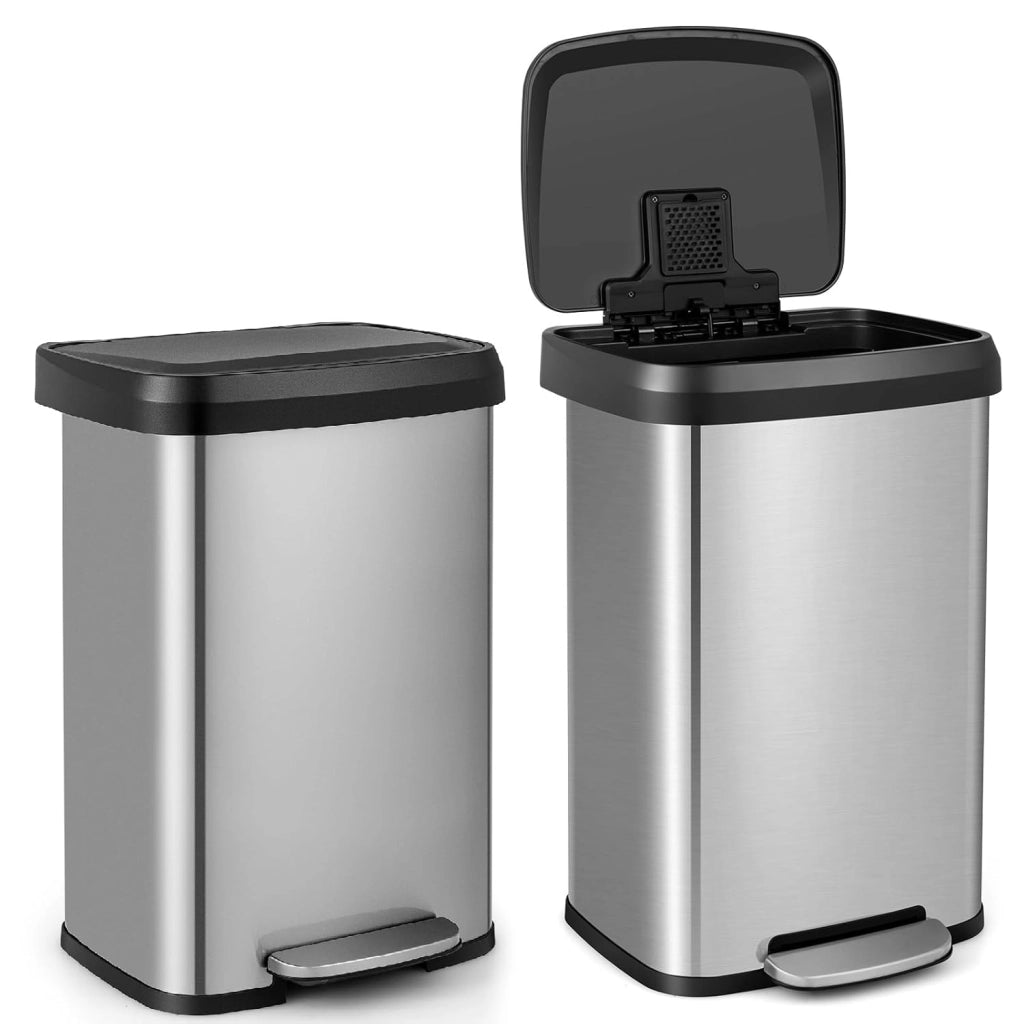 Pattumiera da Cucina da 50 L, con Coperchio e Pedale, in Acciaio Inox e Plastica, con Scomparto per Deodorazione, 41 x 39 x 61 cm (Argento, 50L)