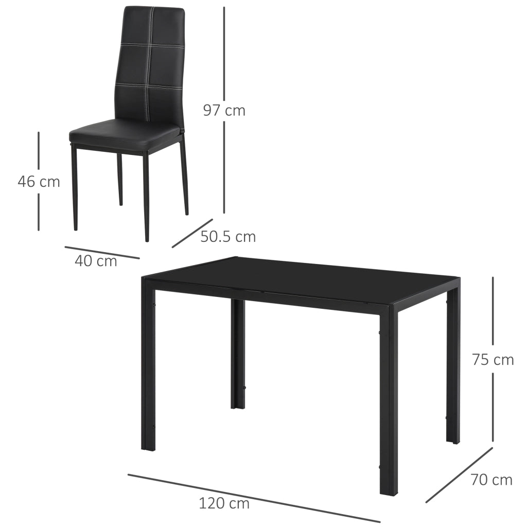 EasyComfort Set 5 Pezzi con 1 Tavolo e 4 Sedie per Cucina o Sala da Pranzo in Finta Pelle, Metallo e Vetro Temperato, Nero