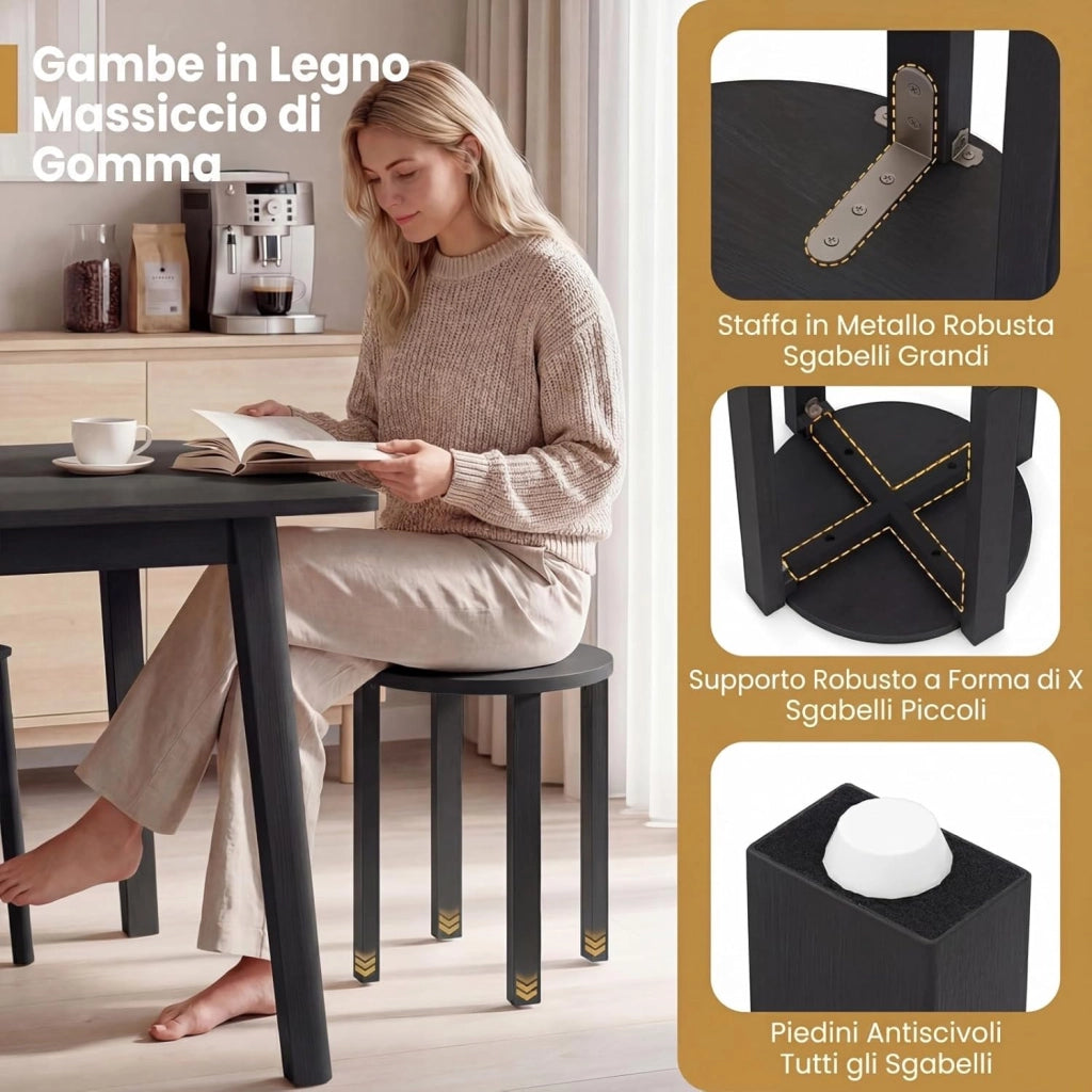 Set di 4 Sgabelli Impilabili 4 in 1, Sgabelli in Legno con Portavaso con Rotelle, 2 Grandi Ø36 cm e 2 Piccoli Ø35 cm, Tavolino Laterale Rotondo per Soggiorno e Camera da Letto (Nero)