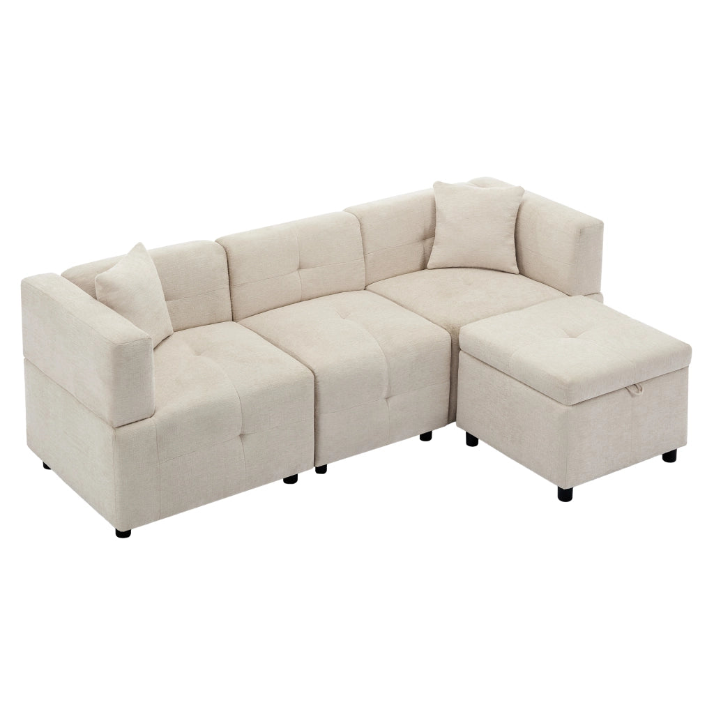 Divano modulare a 3 posti in chenille beige con poggiapiedi contenitore e 2 cuscini