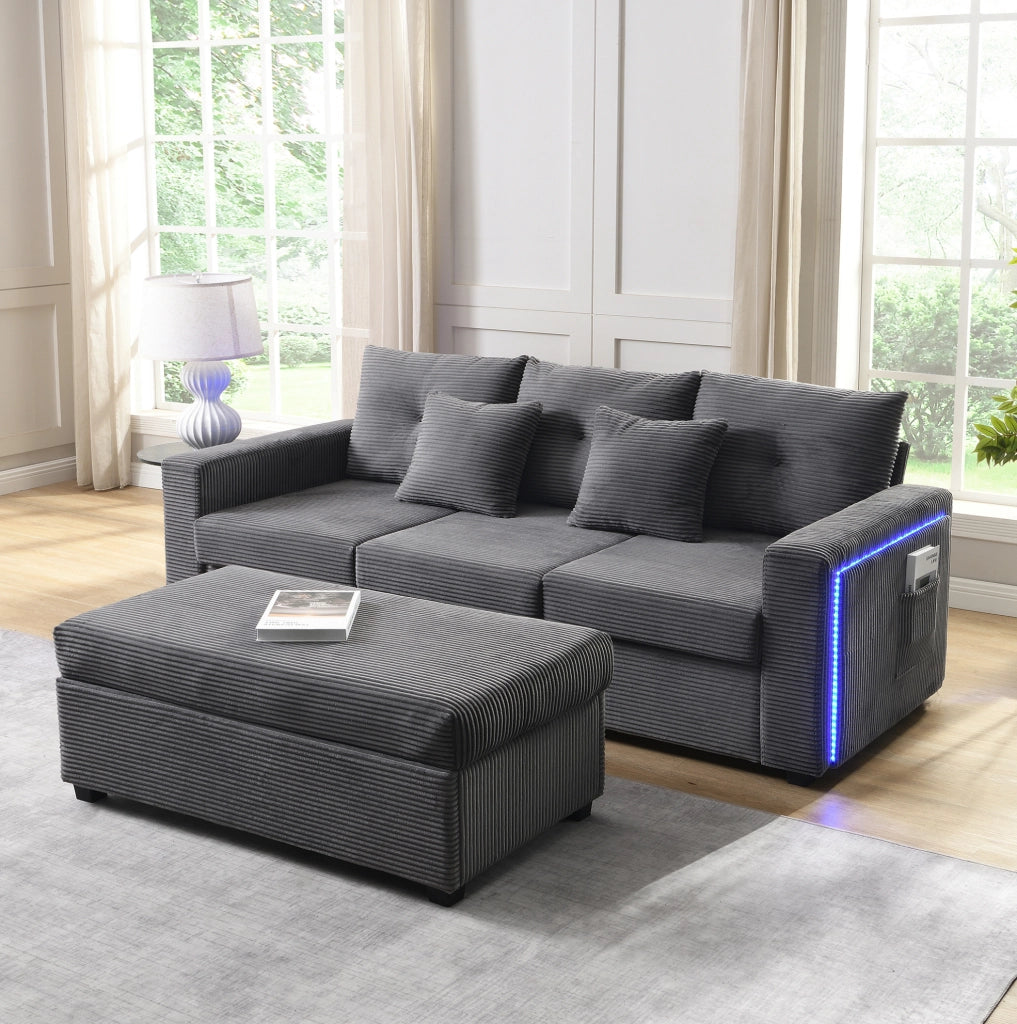Divano angolare modulare a L con pouf; LED controllate da app; rivestimento in corduroy grigio antico