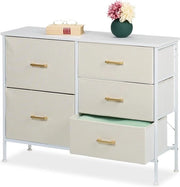 Cassettiere 5 cassetti per abbigliamento - Salotto Camera da letto - 76 x 100 x 31 cm - Maniglie Comodino Bianco/Dorato