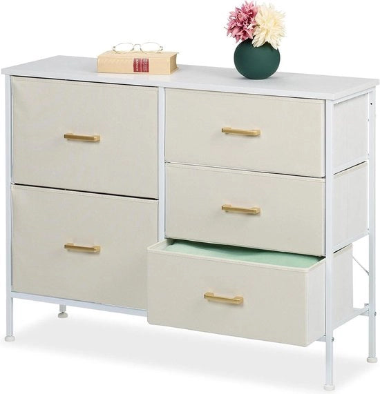 Cassettiere 5 cassetti per abbigliamento - Salotto Camera da letto - 76 x 100 x 31 cm - Maniglie Comodino Bianco/Dorato