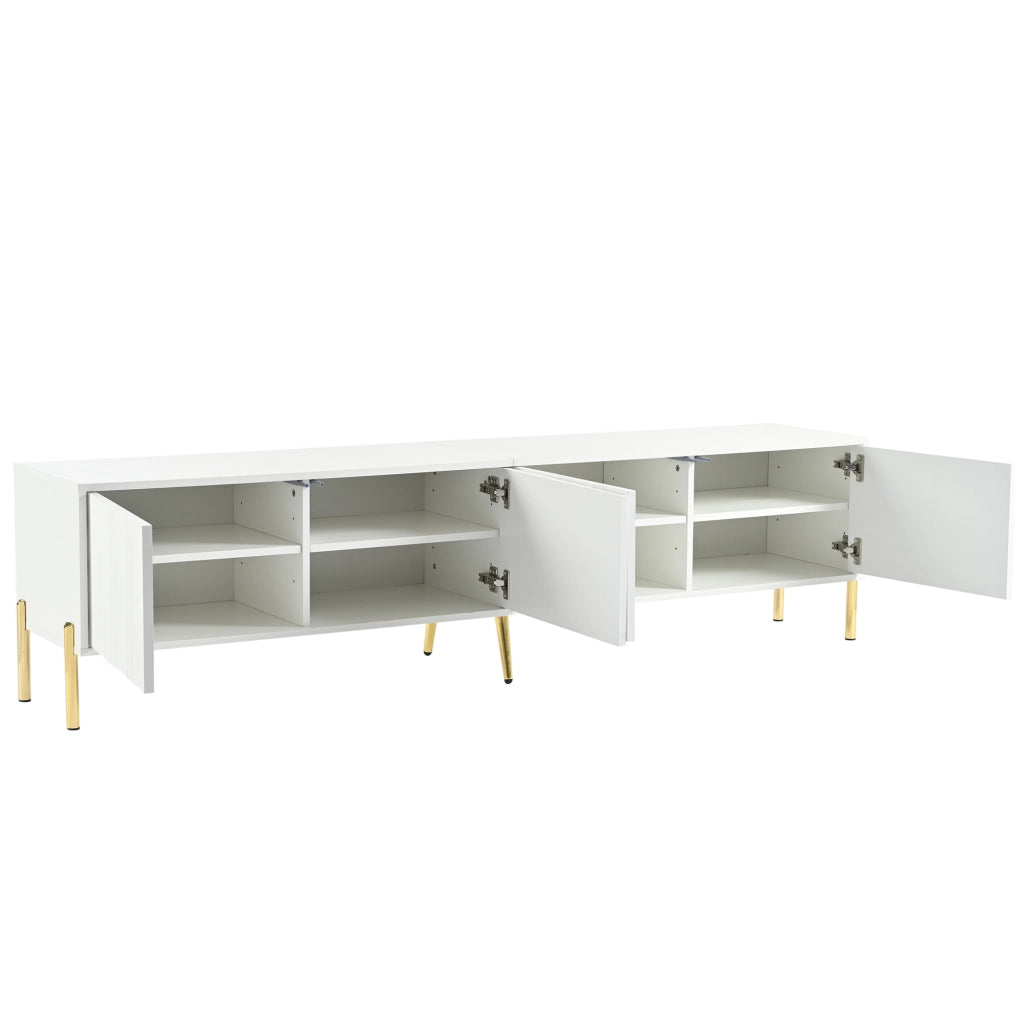 Mobile TV con 4 Ante e 8 Vani; Piedini Dorati 15 cm; Ante Scanalate; Stile Moderno; 190??38??48 cm; in MDF; Bianco