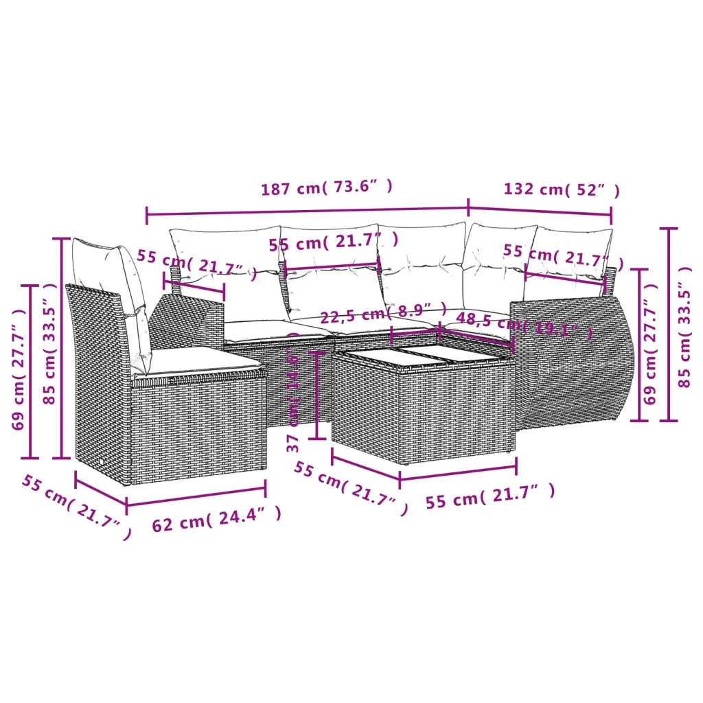 Set Divano da Giardino 6 pz con Cuscini Beige in Polyrattan