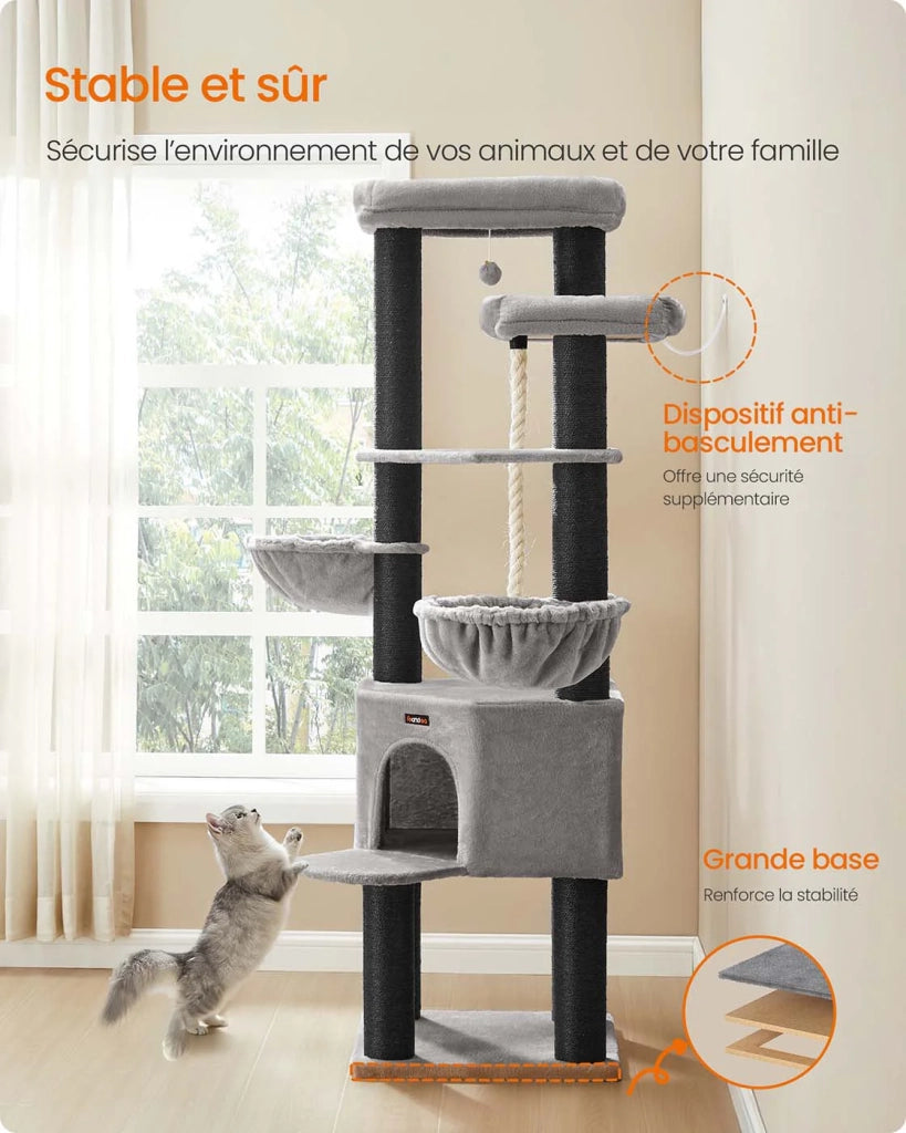 Grande albero per gatti torre gioco per gatti a più livelli 55 x 55 x 186,7 cm pali in sisal da 11 cm di diametro grigio 12_0008009
