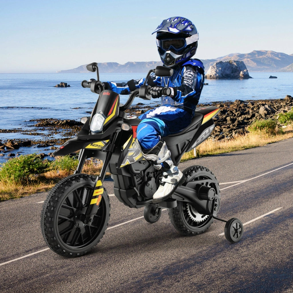 Moto cavalcabile per bambini con licenza aprilia e 2 ruote aggiuntive, Moto elettrica 12V con musica Nero-Moto elettriche