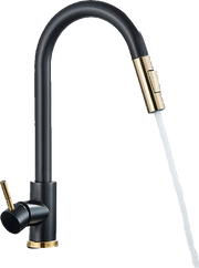 JANA | Rubinetto da cucina estensibile Premium in acciaio inossidabile oro nero | Miscelatore alto Bogo alta pressione ruotabile a 360° 2 attacchi