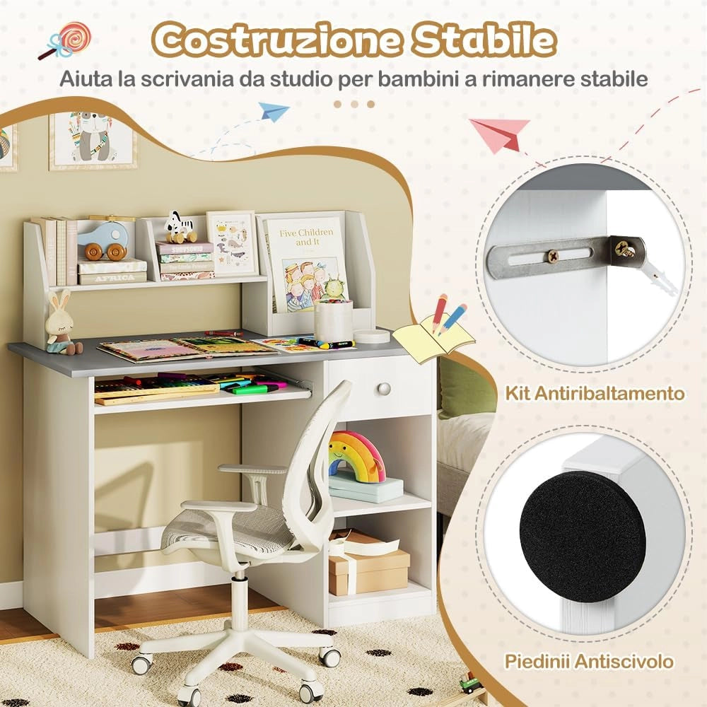 Scrivania per Bambini 3-6 Anni, Tavolo in Legno con Vassoio per Tastiera e Cassetto, Libreria Laterale e Mensole Superiori e Ampio Piano del Tavolo, Ideale per Cameretta (Grigio)