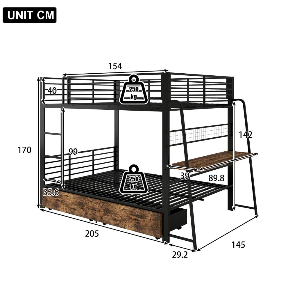 Letto a soppalco ULEVR 140x200 cm con scrivania, LED RGB, presa USB e Type-C, nero
