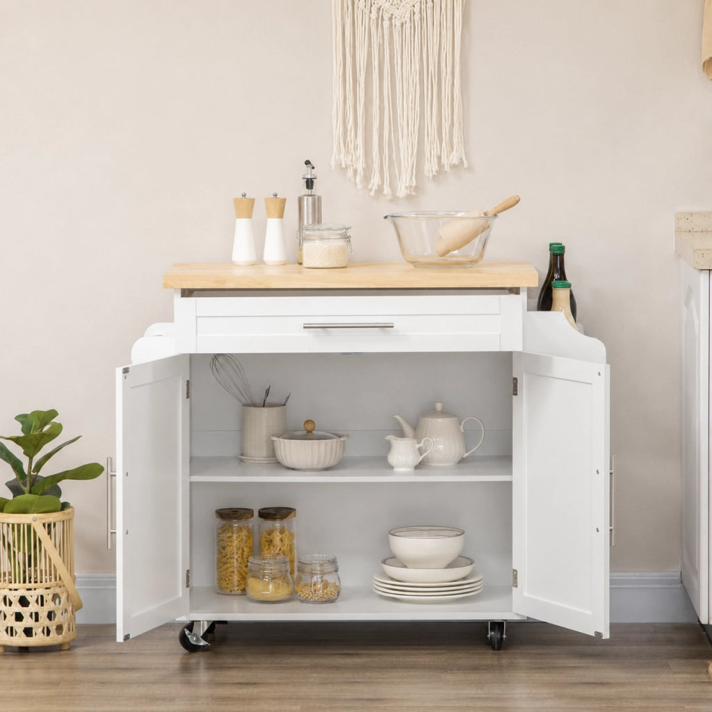 Carrello da cucina 109x40x89 cm con piano di lavoro; porta-spezie e portasciugamani in MDF bianco