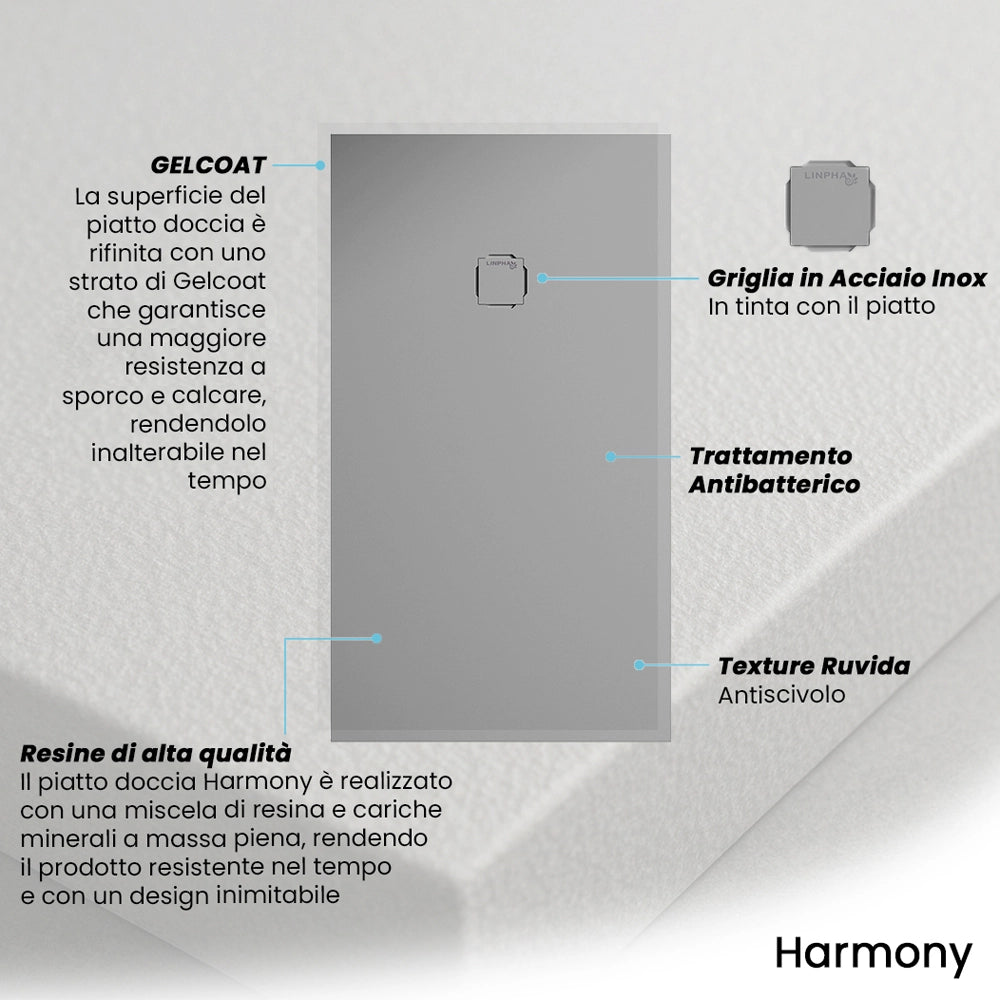 Piatto doccia 100x160cm in resina cemento con griglia in acciaio inox Harmony