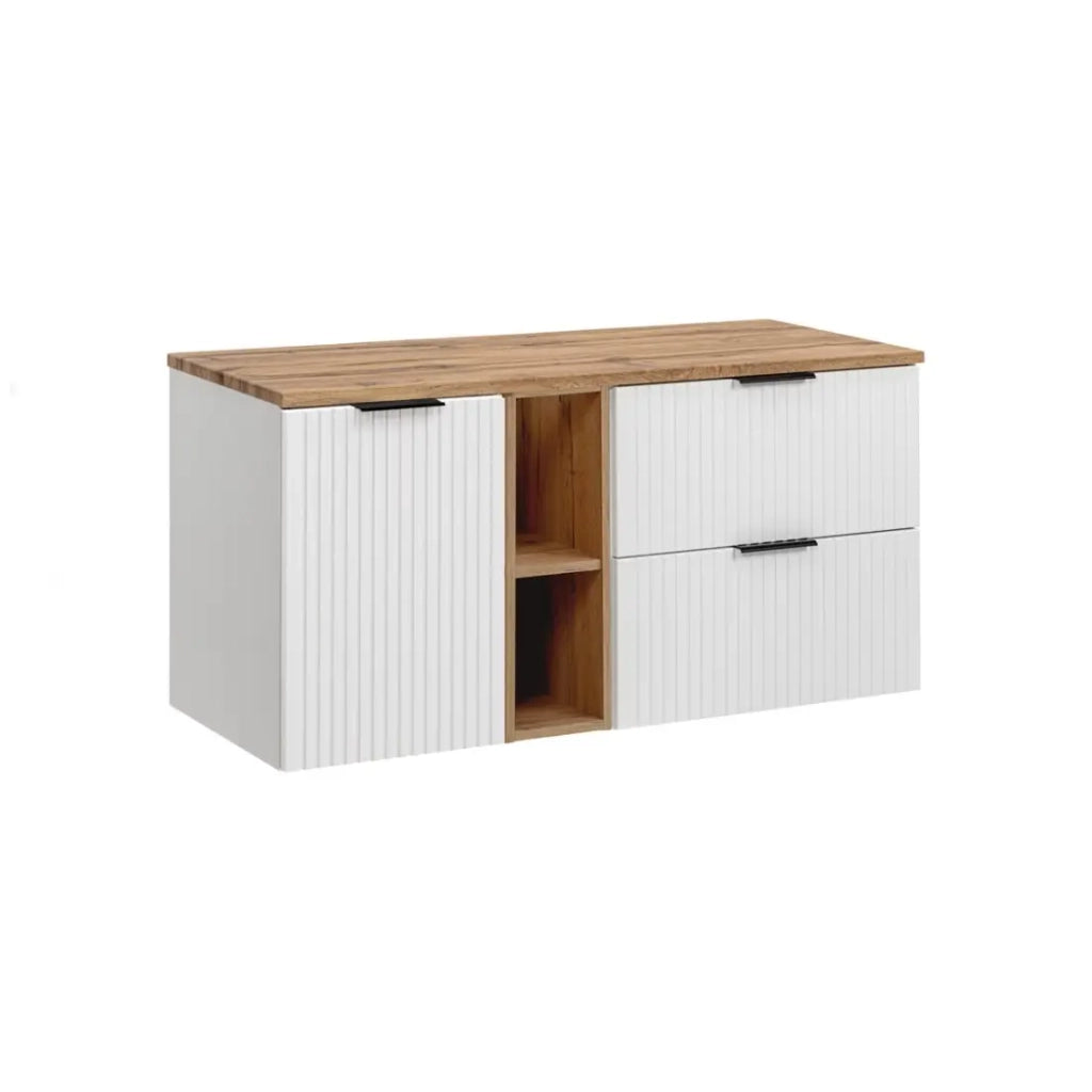 Set da bagno NOXERA 140 cm – Mobile sospeso bianco alpino con piano per lavabo in rovere wotan, nicchie aperte e pani