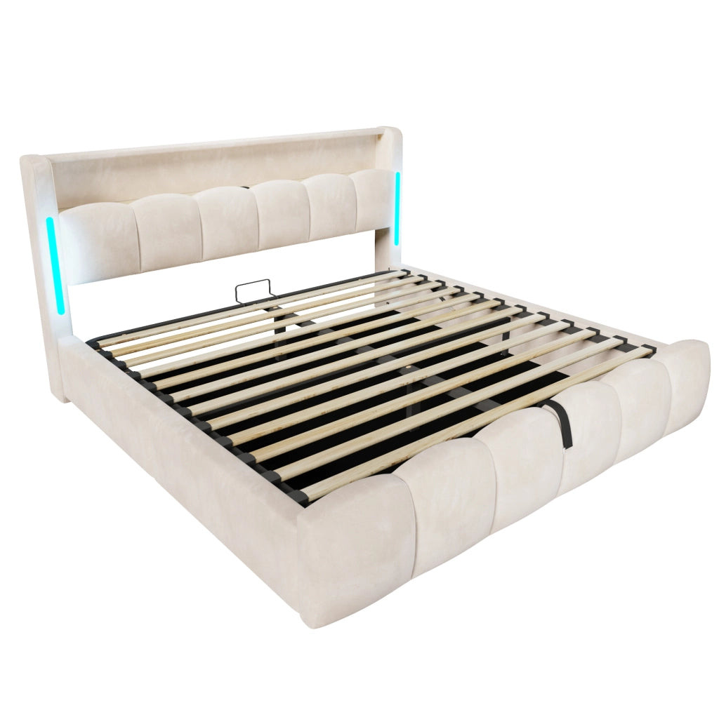 Letto matrimoniale imbottito 180x200 cm in velluto beige con LED; contenitore e USB/Type-C