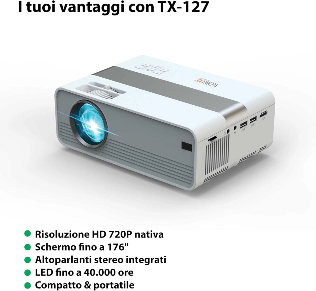 Mini-LED HD Proiettore – Videoproiettore Portatile con Risoluzione HD 720P, Schermo 176", LED 40.000h, HDMI/USB/VGA/AV/microSD – Ideale per Home Cinema, Giochi e Presentazioni - TX-127