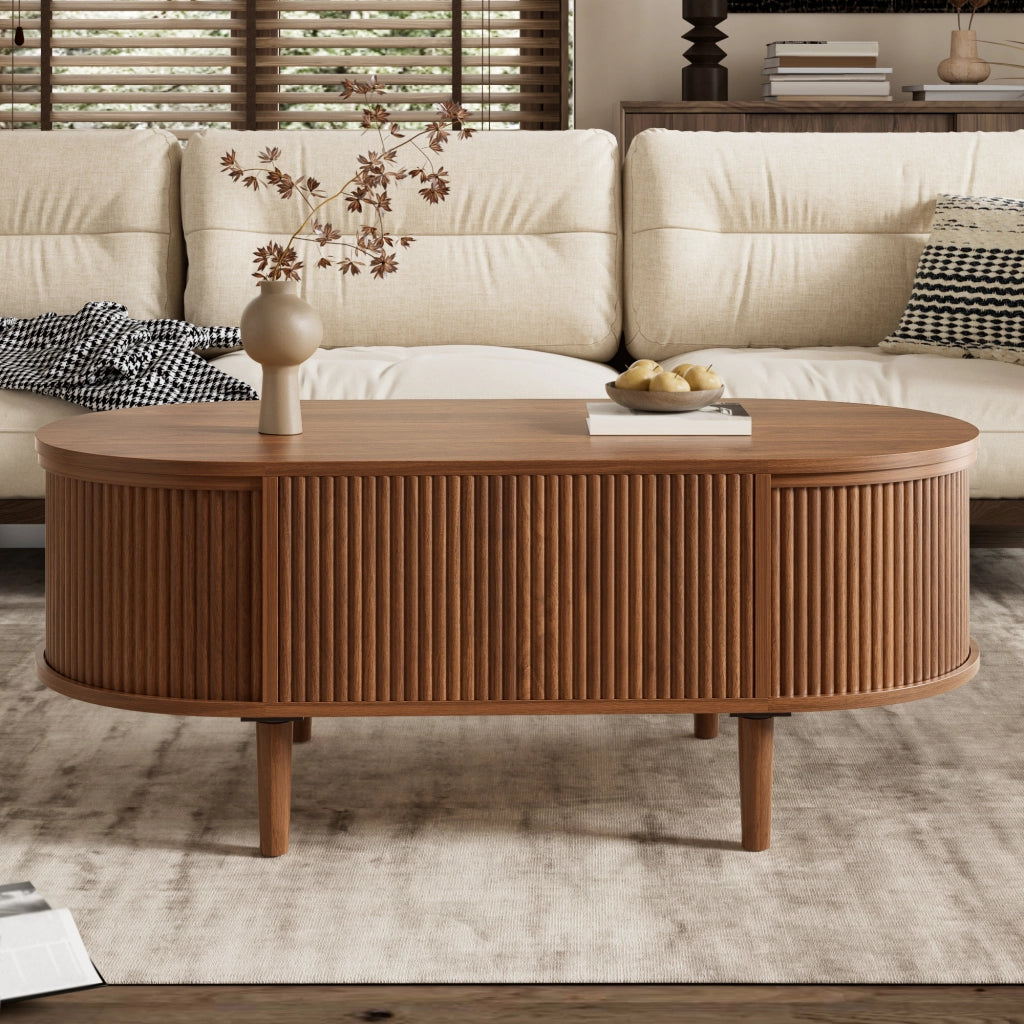 Tavolino da caffè ovale regolabile in altezza 100x48x54;5 cm in MDF; noce