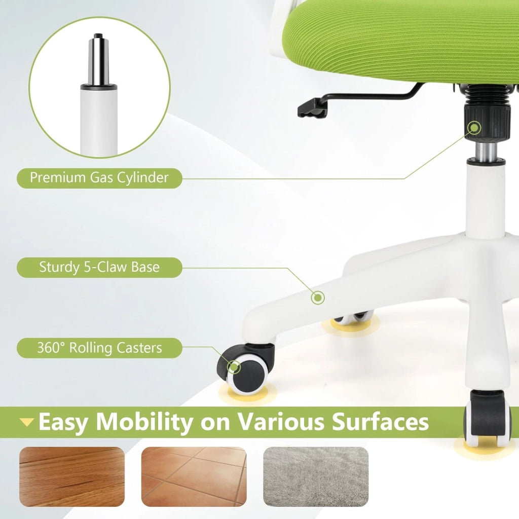 Sedia da scrivania ergonomica, sedia da ufficio girevole in rete con ruote, altezza regolabile e braccioli pieghevoli, seduta imbottita, supporto lombare, carico 150 kg (verde)