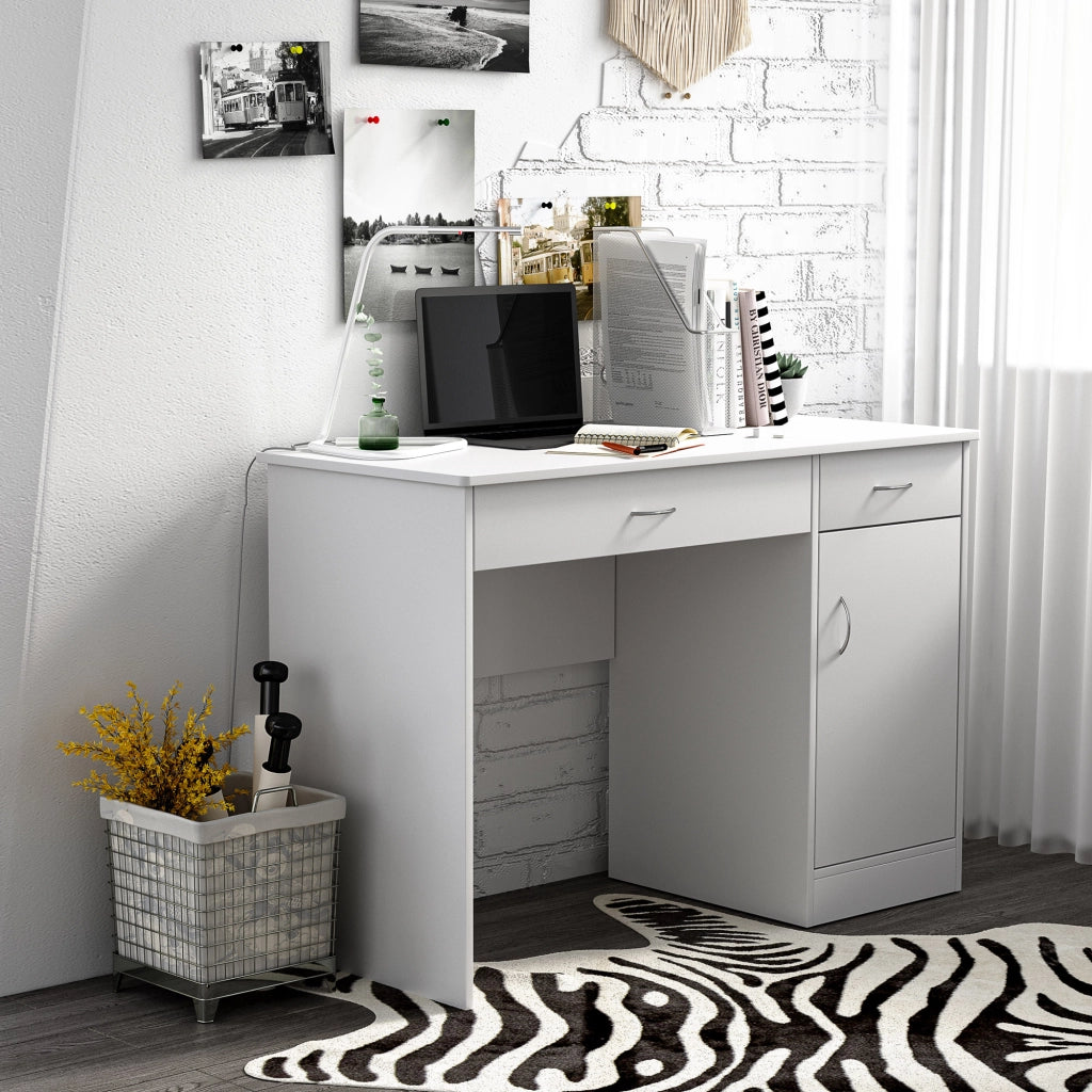 Scrivania Moderna per PC e Computer con 2 Cassetti e 1 Armadietto, Scrivania con Libreria Salvaspazio per Ufficio o Camera in Legno, Bianco