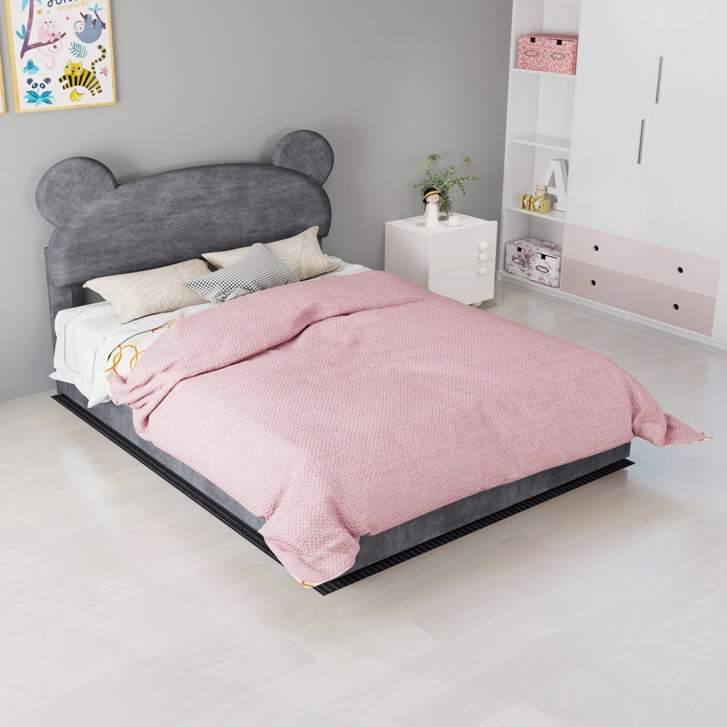 Letto contenitore 140 × 200 cm 2 posti con apertura pneumatica e testiera ludica, senza materasso, grigio