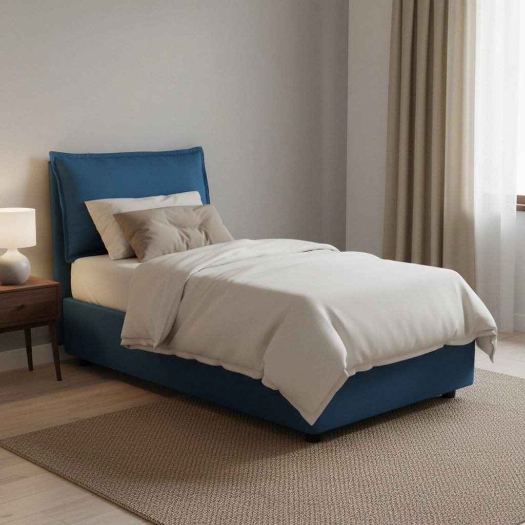 Letto singolo Arzon, Letto contenitore con rivestimento in tessuto, Made in Italy, Apertura frontale, con materasso cm 90x200 incluso, Blu