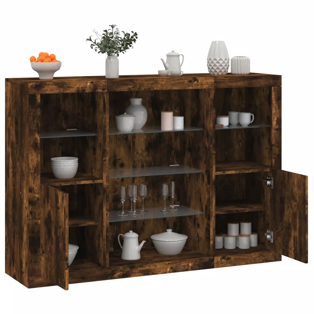 Credenze con Luci LED 3 pz | Madia | Buffet da pranzo | Armadio da pranzo Rovere Fumo in Legno Multistrato