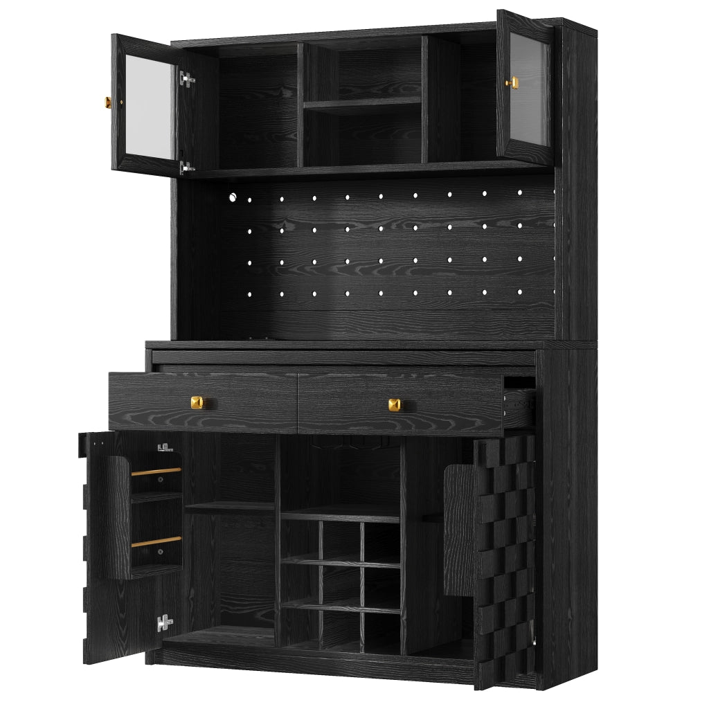 Colonna cucina LED con ripiani regolabili; portabottiglie; prese USB e pannello forato; nero; 120 × 40 × 178 cm