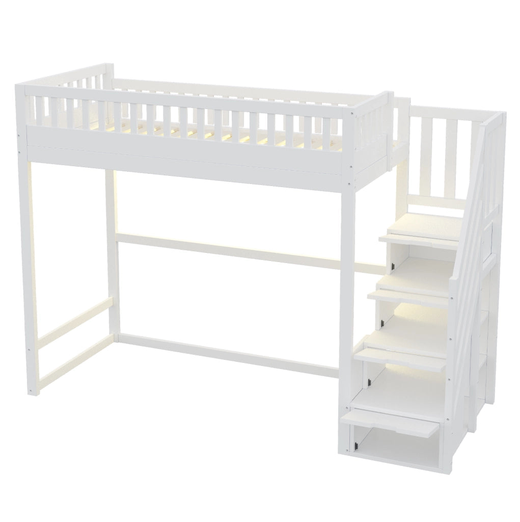 Letto a Castello in Legno di Pino 90x200 cm con Scaletta di Sicurezza e LED, Bianco