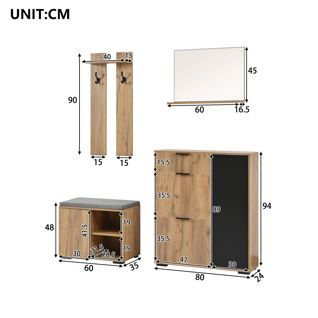 Set di mobili da ingresso con panca scarpiera scarpiera con specchio e ganci in pannello di particelle naturale e nero