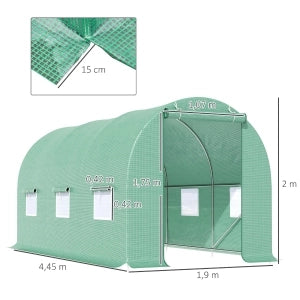 Serra a tunnel con finestre, struttura in acciaio, 445x190x200 cm, verde