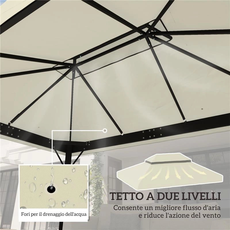 COPERTURA PER GAZEBO DA GIARDINO 3X4 M A 2 LIVELLI IN TESSUTO OXFORD 600D CON FORI DI DRENAGGIO BIANCO CREMA