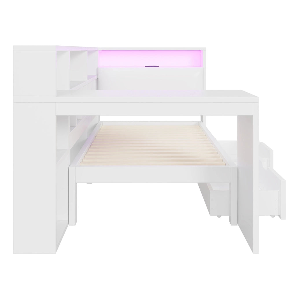 Letto singolo 90x200 a L con scrivania, libreria, LED e cassetti bianco