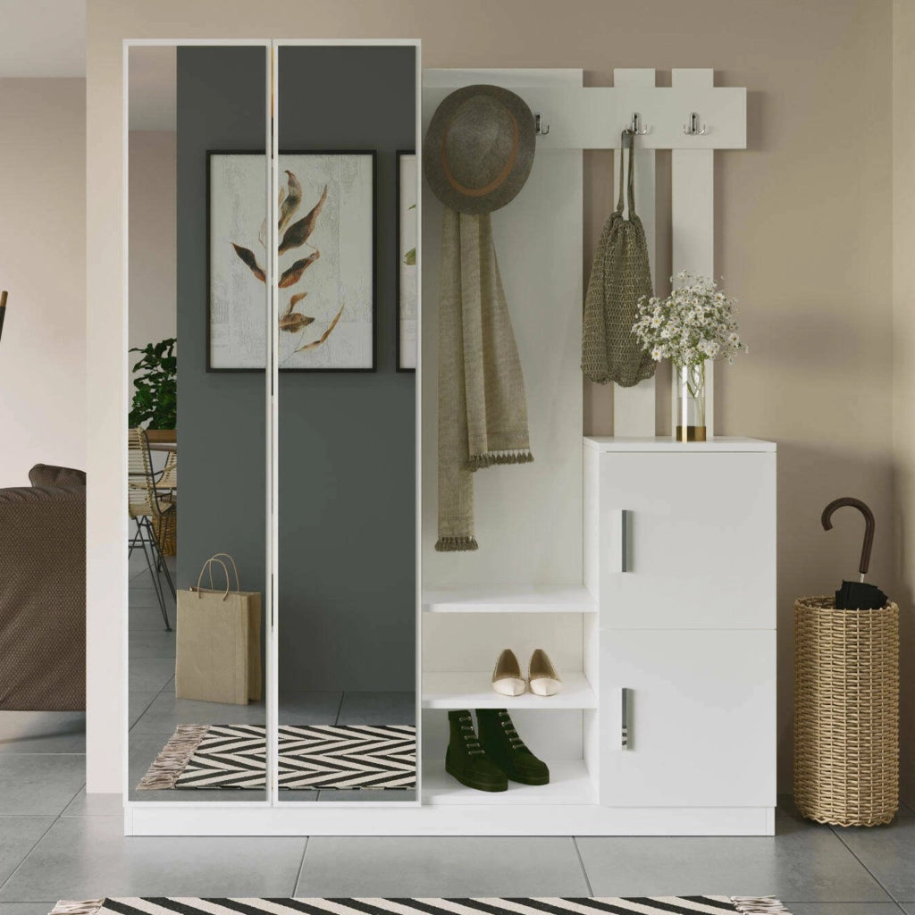 Hene, Mobile da Ingresso Specchio Incluso, 147x38x180h cm Bianco