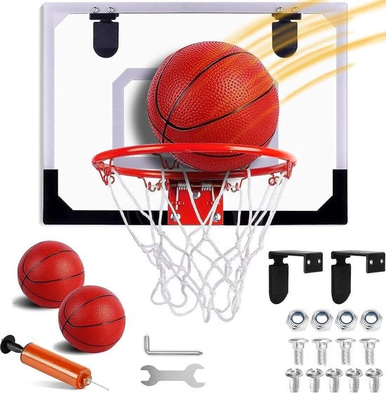 Mini-cesta da basket per bambini - 40 x 30 cm - uso interno - con 3 palloni e pompa a aria - set di giochi sportivi - regali per ragazzi e ragazze.