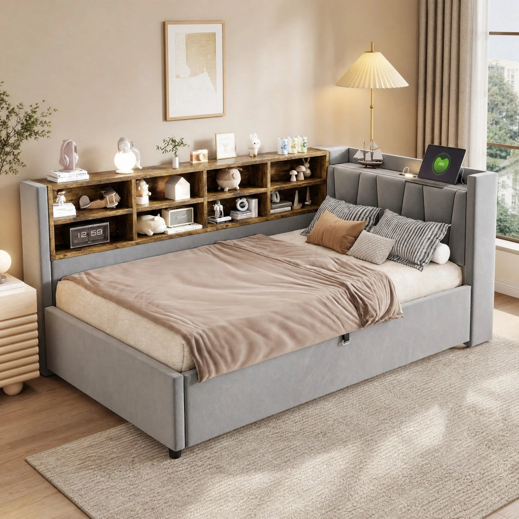 LETTO imbottito 90x200 cm in velluto grigio con testiera multifunzione