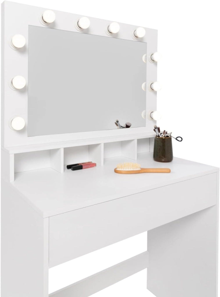 Mobiletto ZELIA con specchio LED, 4 nicchie, 1 cassetto e sgabello