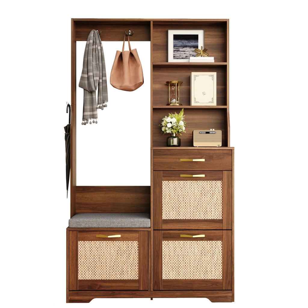 Guardaroba da ingresso 100x30x170 cm multifunzione con seduta; ante effetto rattan; MDF noce