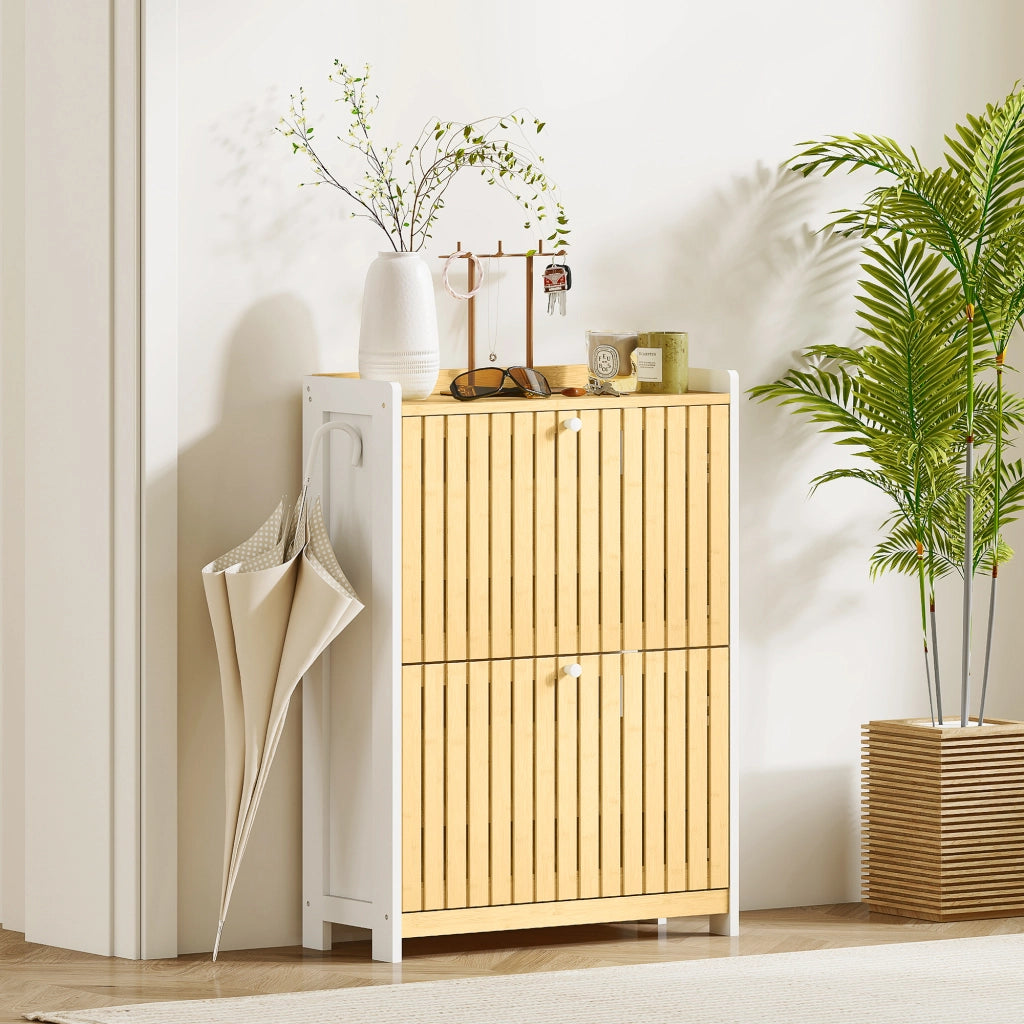 Mobiletto Portascarpe con 2 Ante in Bamb¨´ e Ripiani Regolabili ¨C Zephmum ¨C Bianco e Naturale 60x40x138 cm