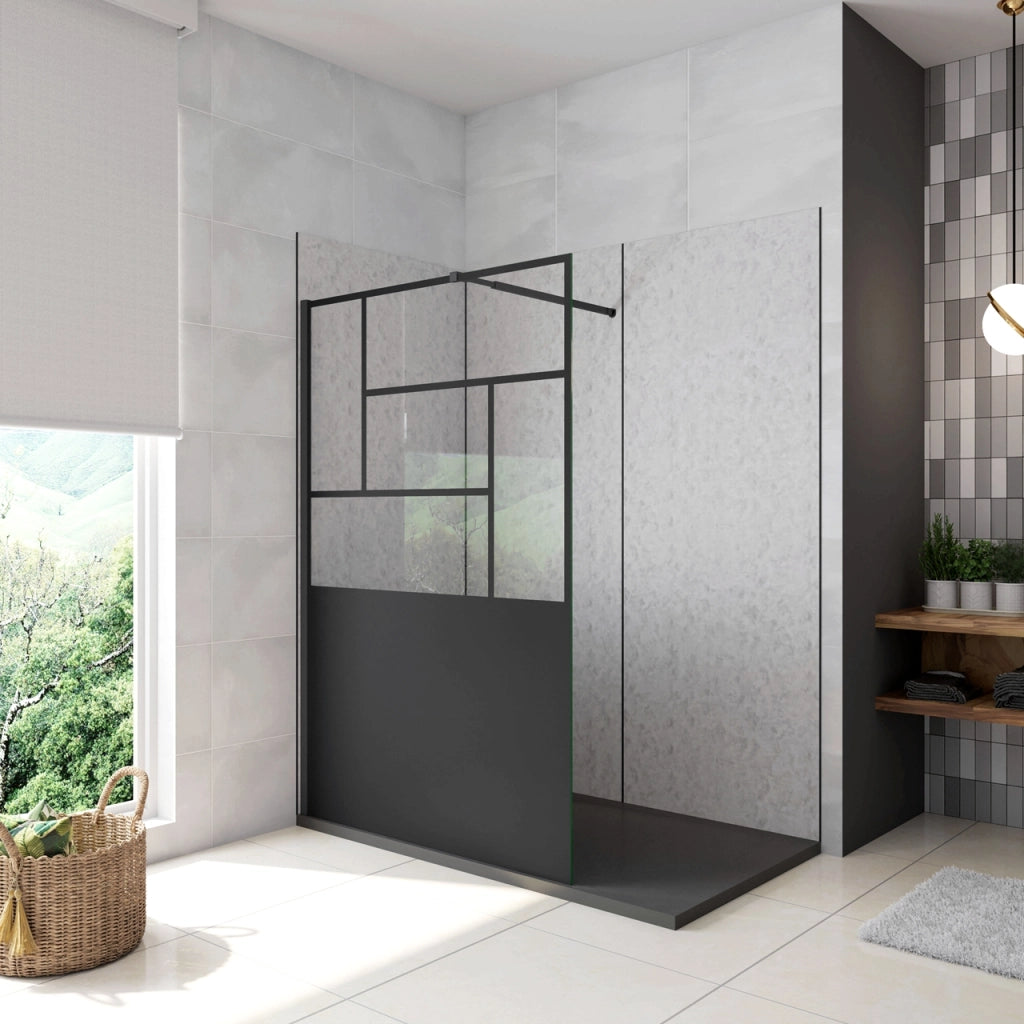 Doccia Walk In Parete Fissa Vetro Temperato 8 mm Anticalcare 100x200cm Semitrasparente Riquadri Nero Serigrafato Barra Stabilizzatrice da 73-120 cm