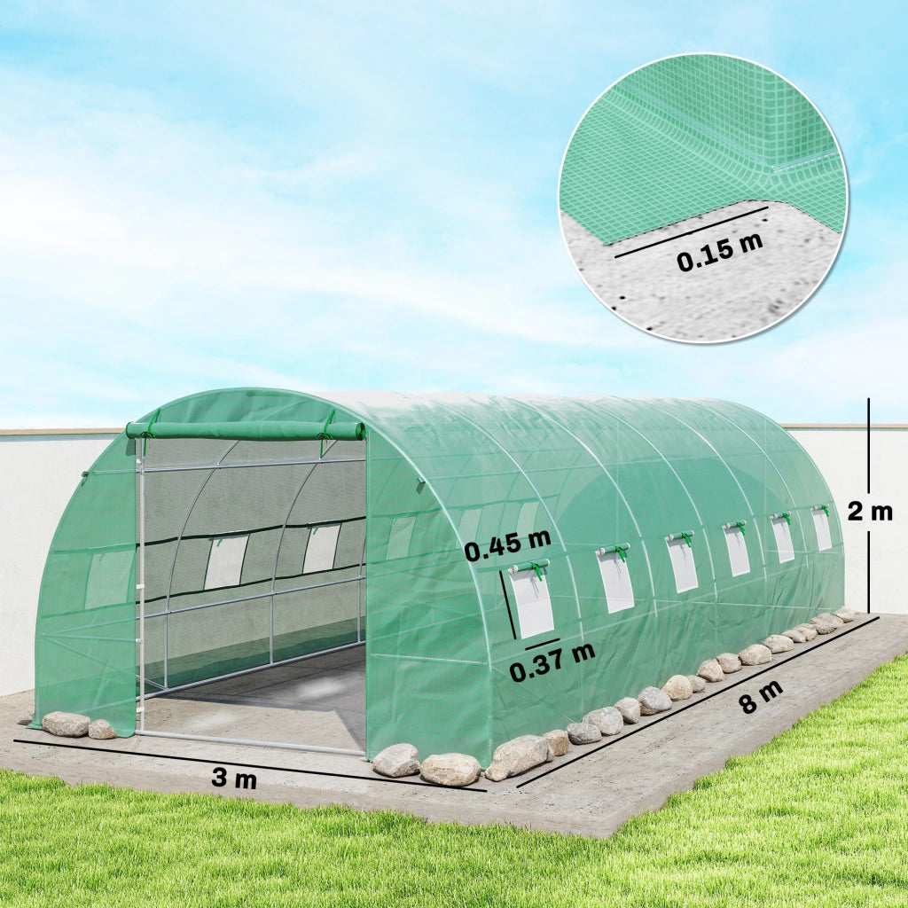 Serra da Giardino a Tunnel 8x3x2 m con Porte Avvolgibili e 12 Finestre, Serra per Orto con 4 Rinforzi Diagonali, Struttura in Acciaio e Copertura PE, per Orto Verdure Fiori Frutta, Verde