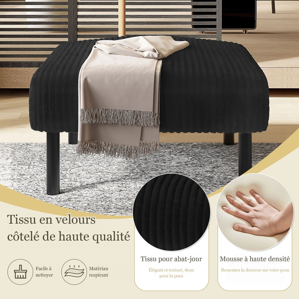 OKWISH Poggiapiedi in Velluto a Coste, Seduta Imbottita Versatile come Sgabello Ausiliario, Struttura in Metallo, Nero