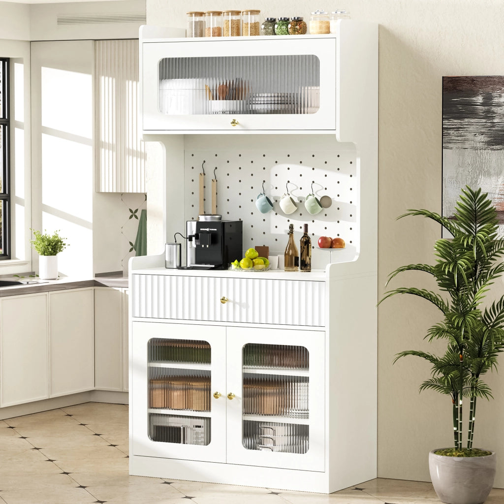 Credenza alta con 1 cassetto, ripiani regolabili, LED e vetrina per cucina, soggiorno e sala da pranzo 80 × 40 × 180 cm