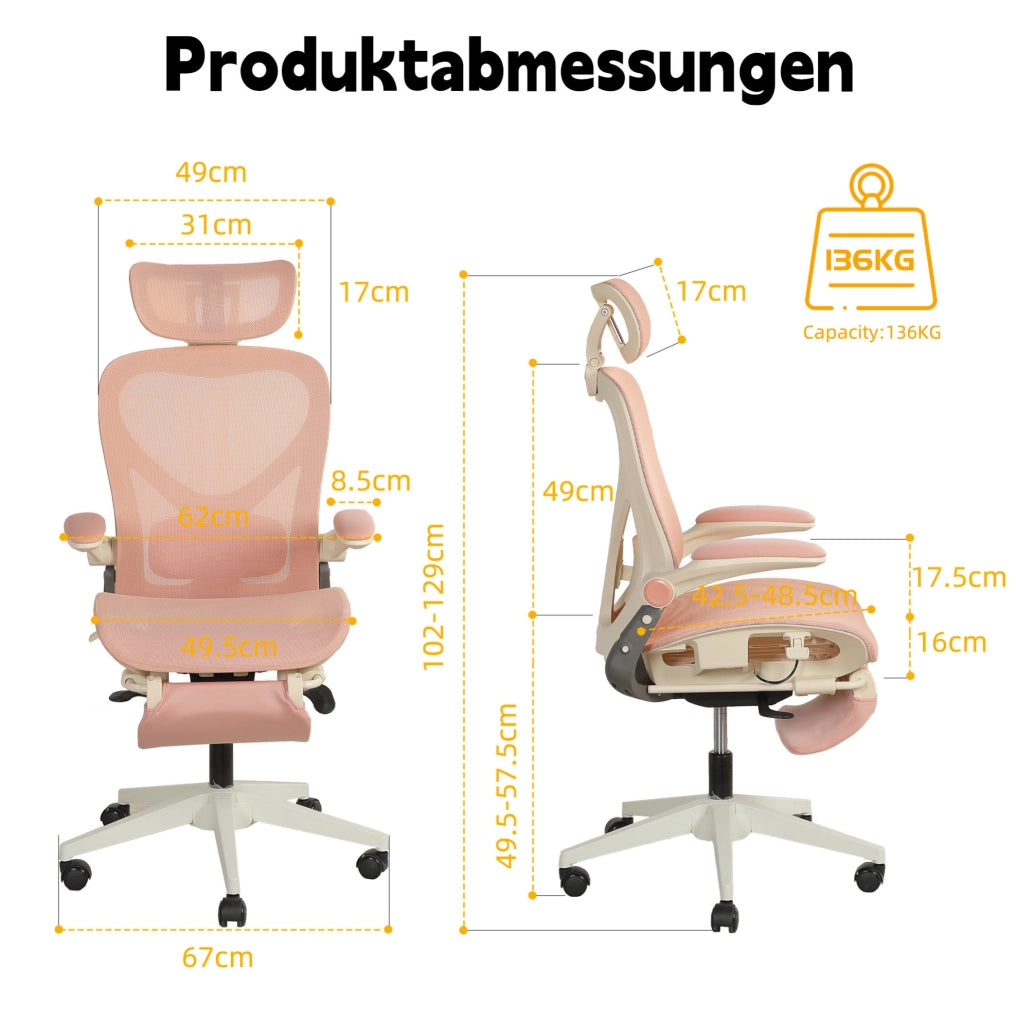Sedia da Ufficio in Mesh con Poggiatesta 3D e Supporto Lombare; Rosa; per Studio e Lavoro